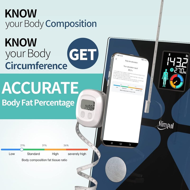 Slimpal شريط قياس الدهون في الجسم وميزان ذكي لوزن الجسم والدهون مع تطبيق ميزان الحمام الرقمي لفقدان الوزن وتحليل تكوين الجسم ومحيط الجسم - Image 2